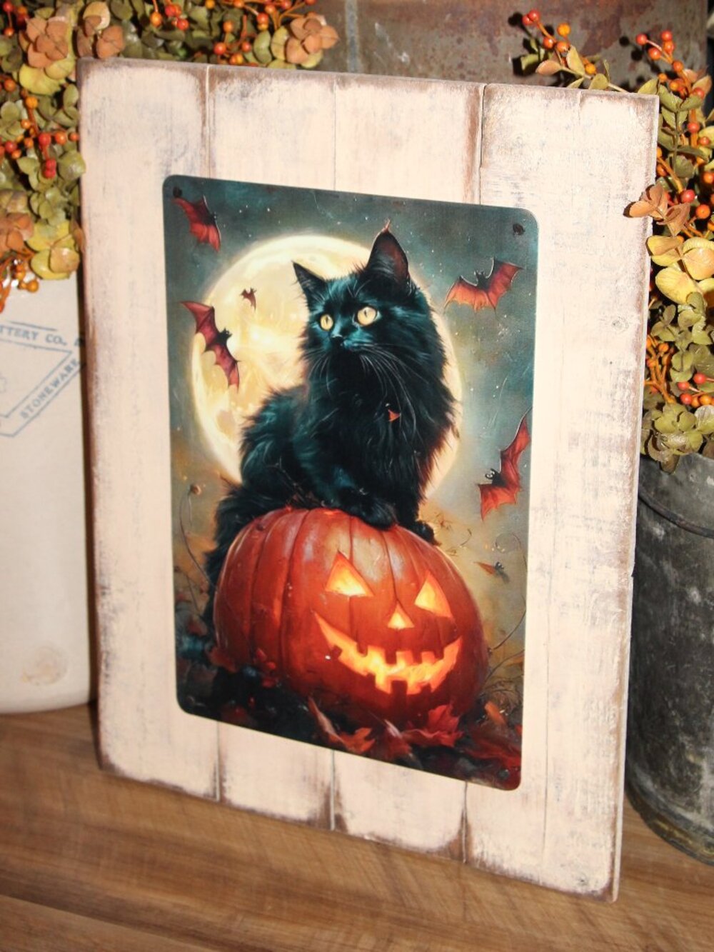 Rustic Black Cat on Jack-O'-Lantern Moody Farmhouse Halloween Wall Decor Picture